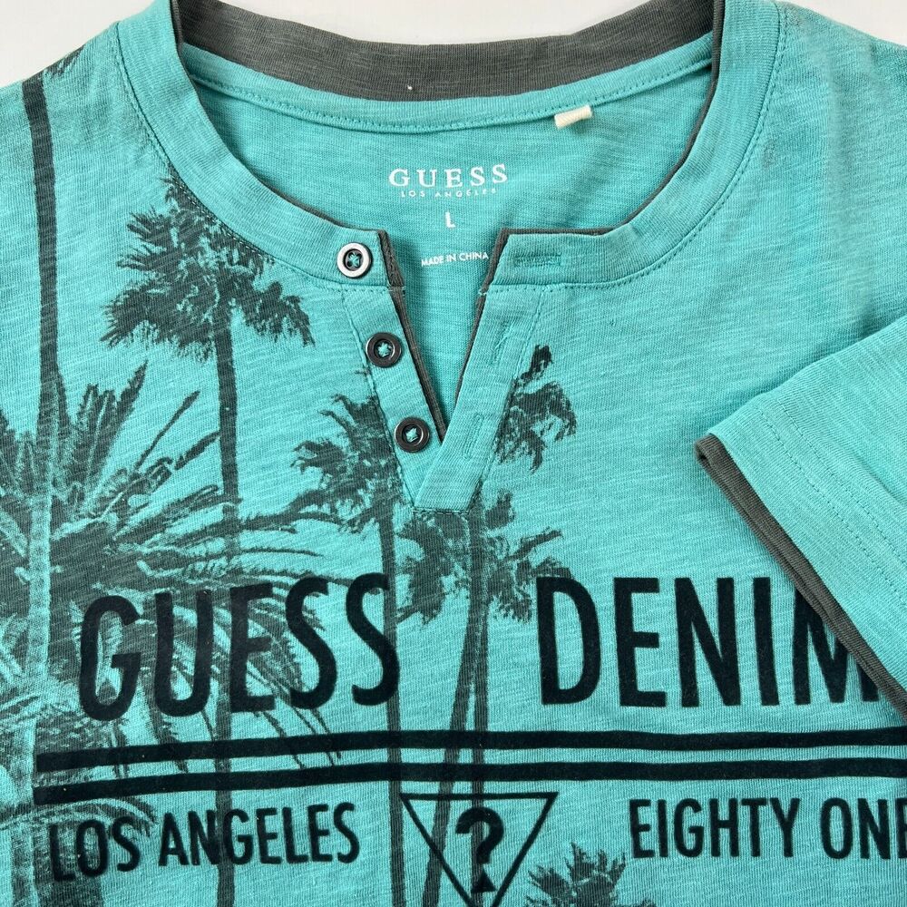 Guess Denim Henley‎ T-Shirt Men's Teal knit Short Sleeve Palm Trees LA Sz L